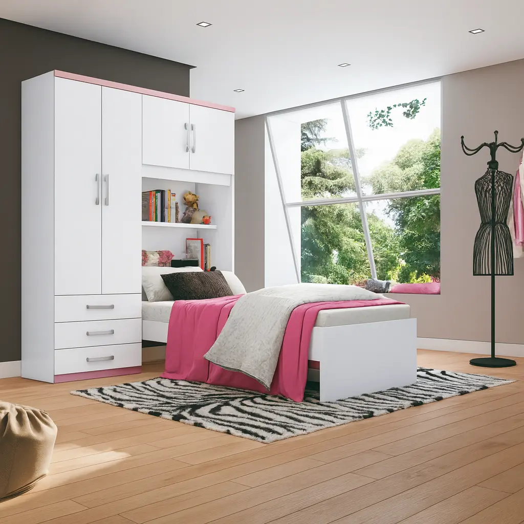 LIT 1 PLACE AVEC ARMOIRE 4P BLANC ROSE — Anziza