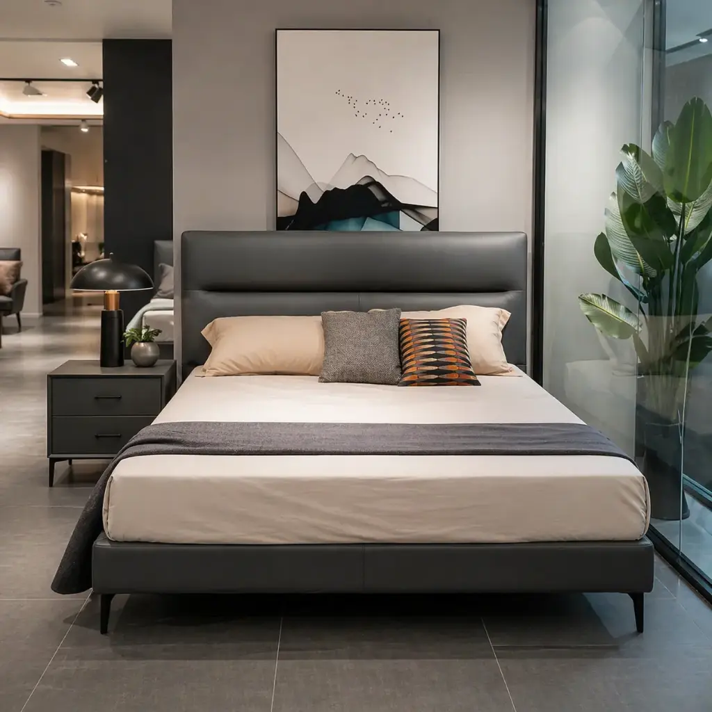 LIT 160X200 DESIGN GRIS CUIR AVEC SOMMIER - Milo